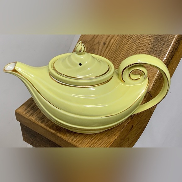 1930s Vtg Hall USA Gold Trim Canary Aladdin 6 Cup Curly Genie Lamp Teapot - Picture 6 of 16